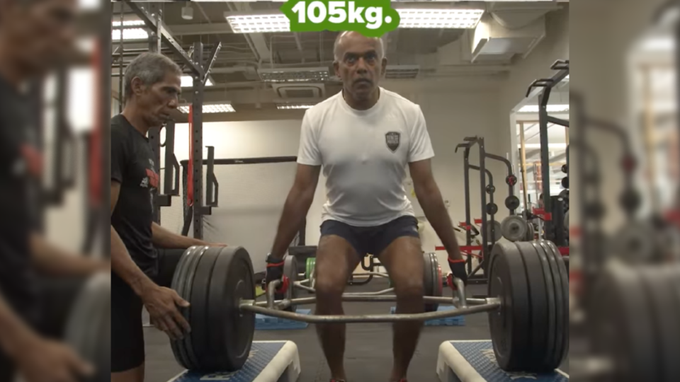 Law and Home Affairs Minister K Shanmugam attempts to deadlift 105kg. Photo: K Shanmugam/Facebook
