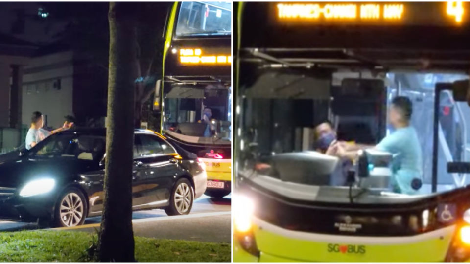 An angry Mercedes driver terrorizing a bus driver at a bus stop on Flora Drive on Oct. 31. Photos: Roads.sg
