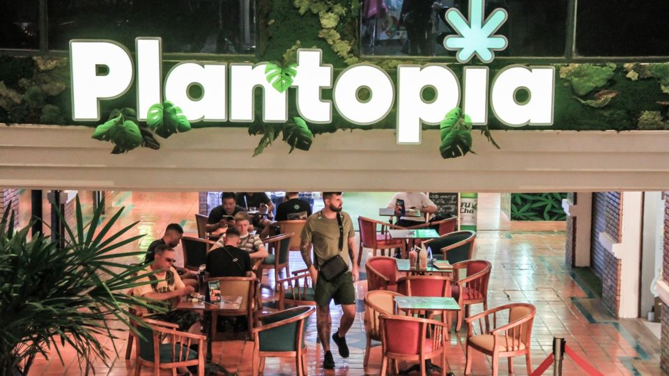 Tourists hang out at Plantopia on Khaosan Road, where they can publicly smoke freely. Photo: Chayanit Itthipongmaetee / Coconuts