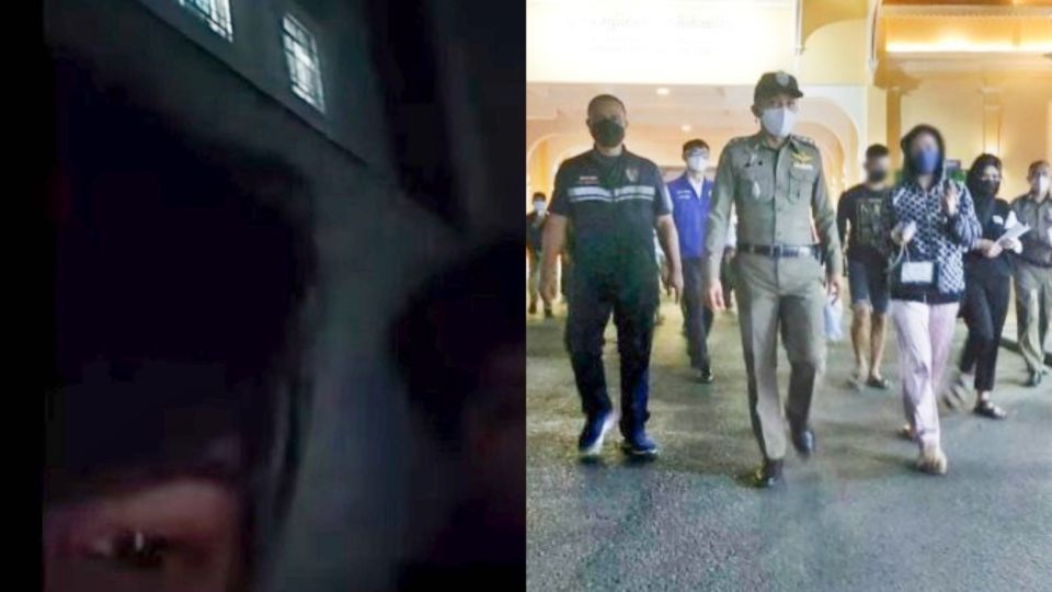 An image from a livestream where seven Thais ask for help being trapped and forced to work for a call center gang in Cambodia, at left, and after being rescued by Thai police and returned to Thailand, at right. 