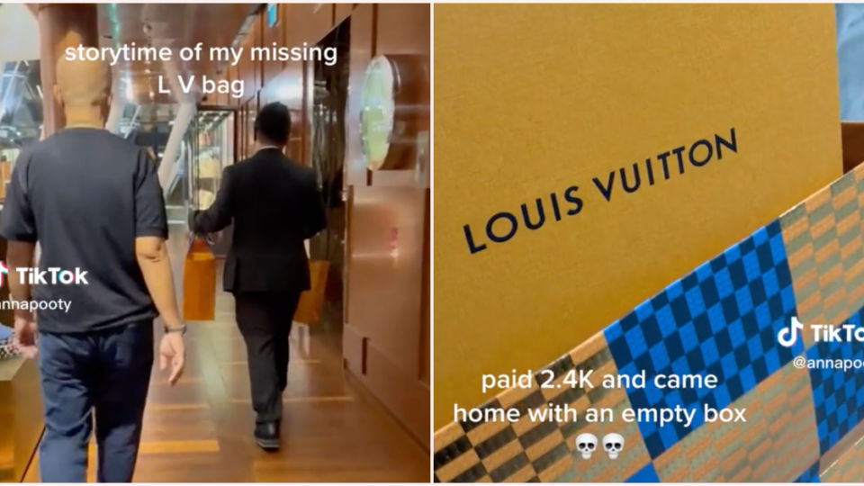 Screengrabs from TikToks on the missing Louis Vuitton bag. from Photos: Annapooty/TikTok
