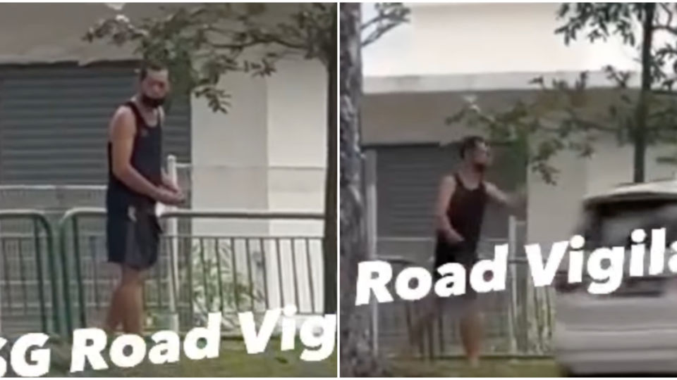 The man caught on video hurling rocks at passing cars driving along Simei Avenue. Photos: SG Road Vigilante/Facebook
