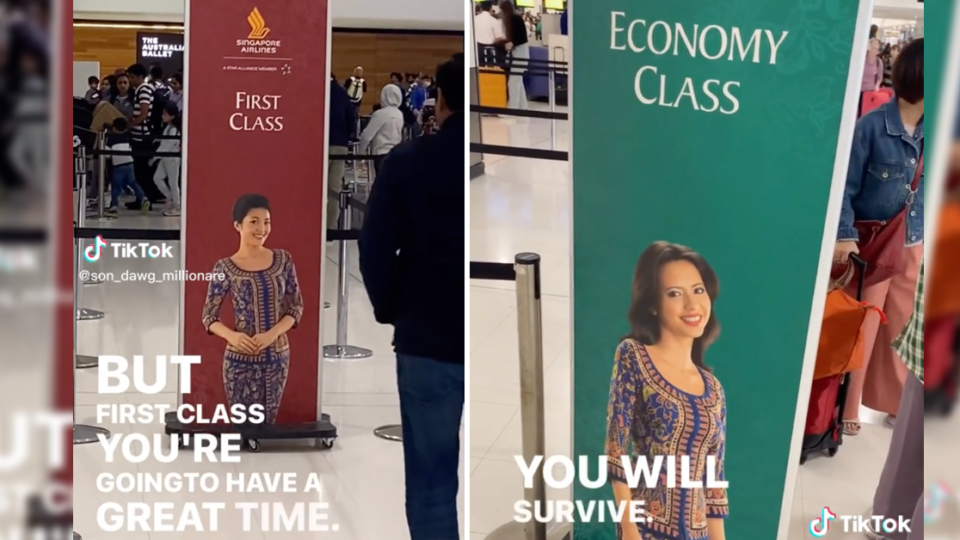 Screengrabs from the TikTok joking about the marketing of Singapore Airlines’ classes. Photos: Sonny-Joe Flanagan/TikTok
