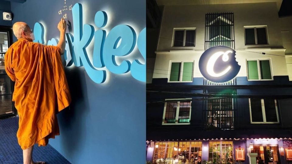 A Buddhist monk blesses Cookies’ store in Bangkok, at left. The storefront, at right. Photos: Cookies Thailand / Instagram
