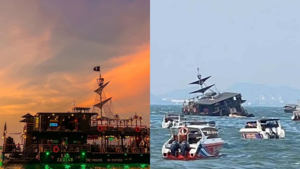 A file photo of the Krakenian, a pirate-themed bar on a ship, at left, and the ship foundering Jan. 30 off Pattaya. 

