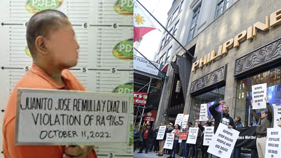 Left: Remulla’s blurred mugshot released by PDEA authorities. Right: Protesters against Duterte administration’s war on drugs in New York City. (PDEA / Wikimedia Commons)