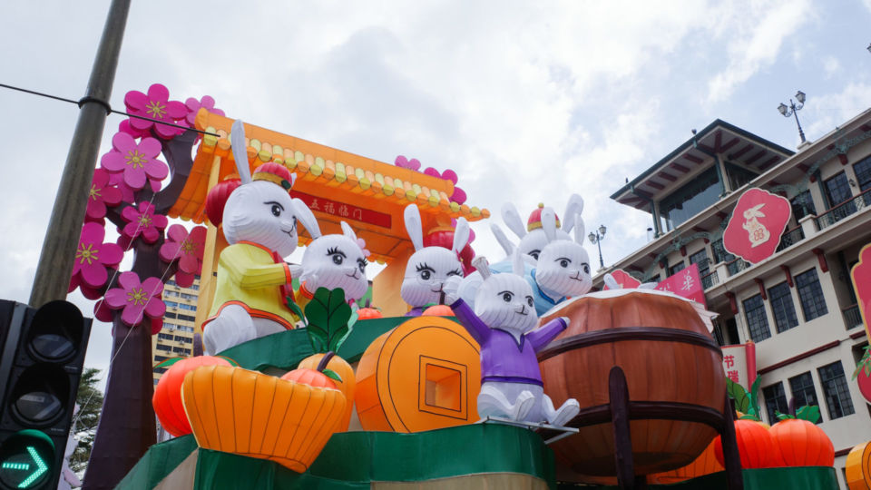 The rabbit display at the junction of Upper Cross Street and New Bridge Road. Photo: Coconuts Singapore
