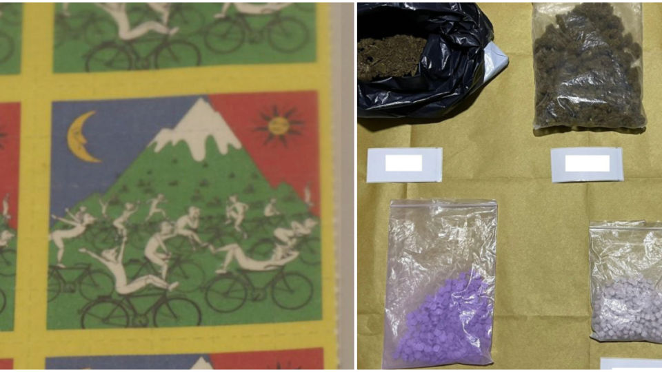 At left, LSD stamps, and cannabis and ecstasy tablets seized, at right. Photos: Central Narcotics Bureau/Facebook