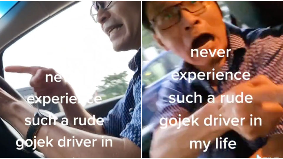 A TikTok showing an enraged Gojek driver on Saturday. Photos: Cseetoh15/TikTok
