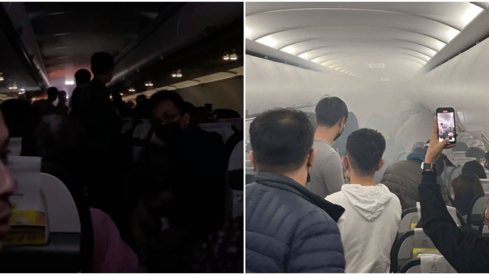 Passengers onboard a Scoot flight yesterday where a power bank caught fire. Photo: Wen Shan Tsai/Facebook, Wang Hau Yu/Facebook 
