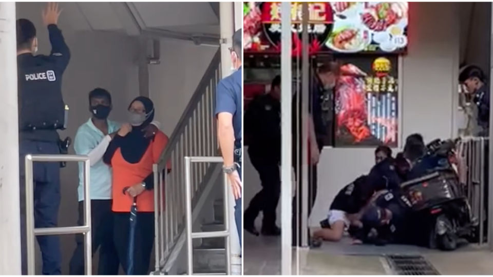 The 42-year-old man holding a 60-year-old woman hostage at Yishun Ring Road today. Photos: Dino Karishma/Facebook
