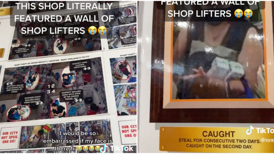 Screenshots from a TikTok showing the wall of shoplifters at a Venus Beauty outlet in Northpoint City. Photos: Syapls/TikTok
