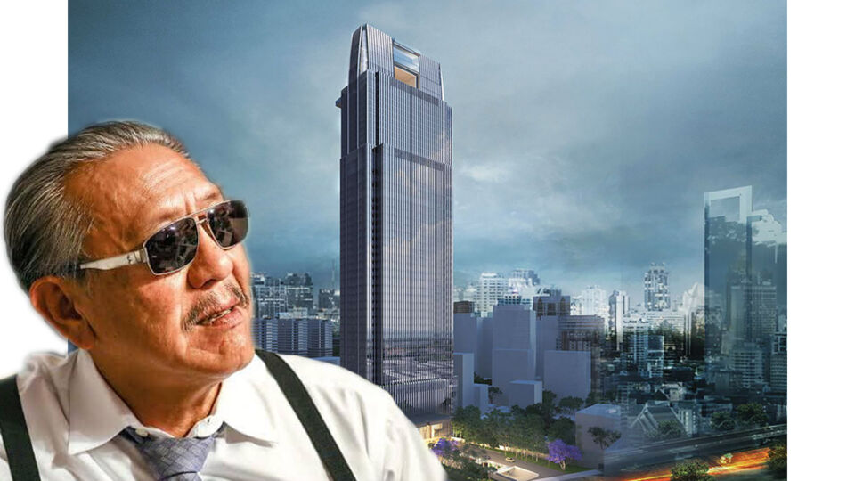 Chuwit Kamolvisit, from his Facebook, with a marketing rendering of the 10th Avenue development on the site of former Chuvit Garden, formerly Sukhumvit Square. Image: Davis Corp.