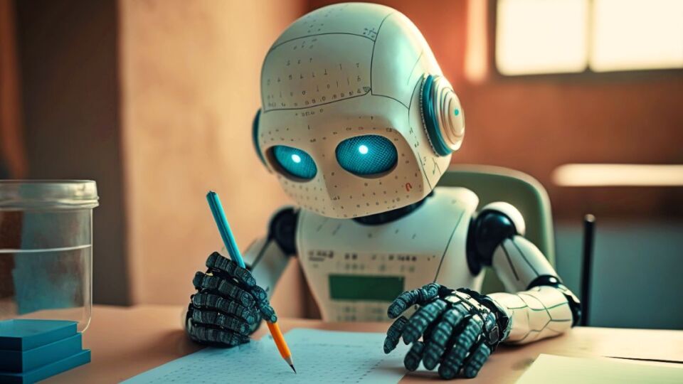 A robot taking a math exam. Artwork by Midjourney AI (appropriately enough)