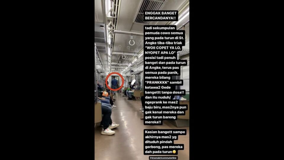 A viral post saying a man was falsely accused of theft on the KRL Commuterline as a prank. Photo: Twitter/@tanyakanrl