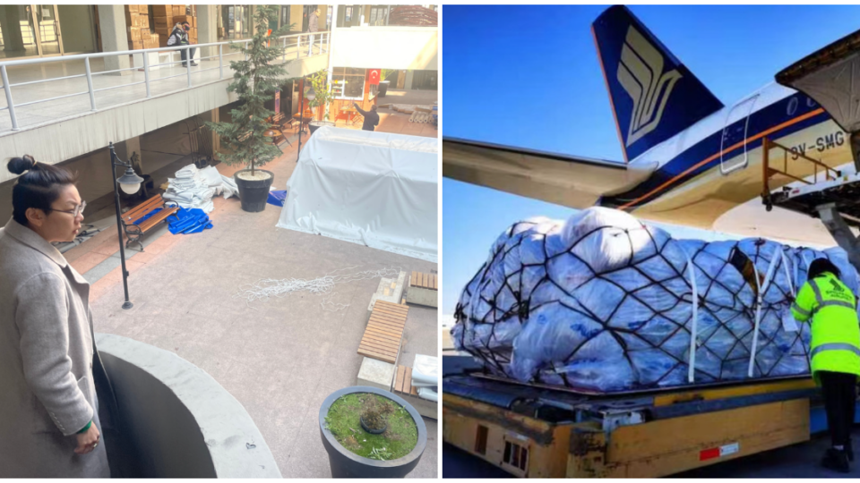 Jacintha Phua visiting a tent supplier and the tents being loaded onto a Singapore Airlines airplane. Photo: Turkiye Relief Initiative
