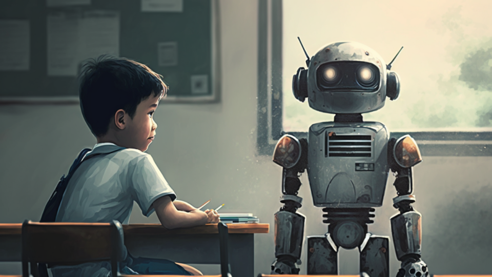 A robot sitting next to a student. Artwork by Midjourney AI