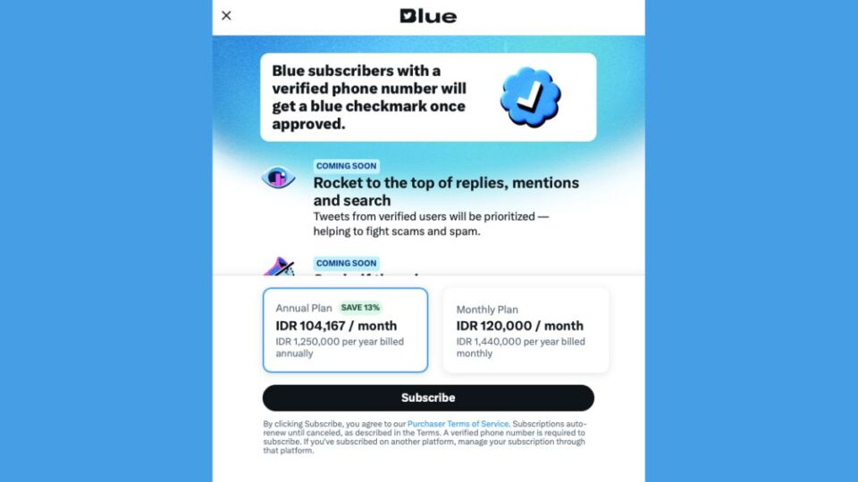 A subscription prompt for Twitter Blue in Indonesia. Photo: Screengrab