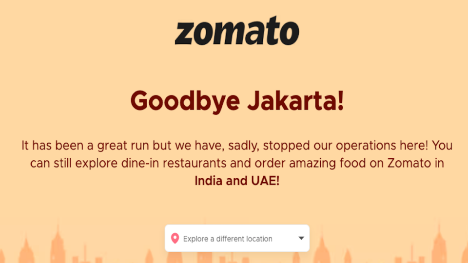 A farewell message posted on Zomato’s Indonesian website as seen on Feb. 8, 2023. Photo: Screengrab from zomato.com