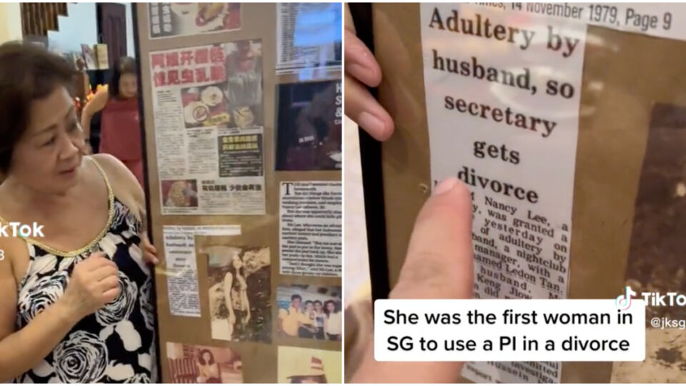 Screengrabs from the TikTok posted yesterday of a mother receiving a framed photo of newspaper clippings for her birthday. Photos: Jksg98/TikTok
