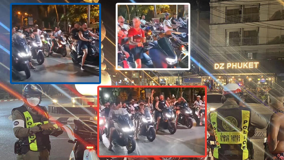 French parade past Phuket’s Patong Beach on Wednesday night in inset images taken from video posted to Facebook by Phuket Info Center. Background photo: Patong Police