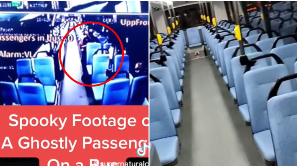 At left, a screengrab from the clip showing a black figure sitting on the bus’ upper deck, and an empty bus, at right. Photos: Supernatural Confessions
