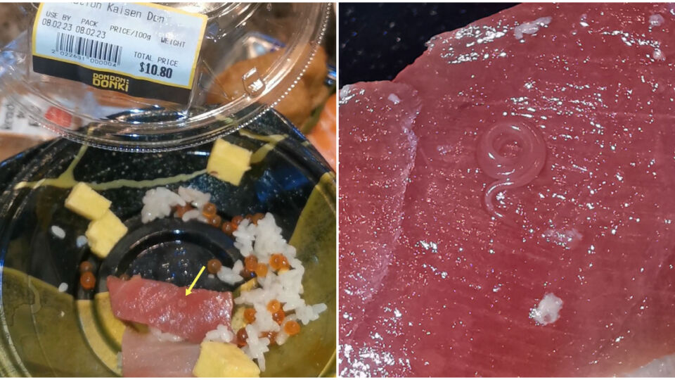 A translucent parasite found in a sashimi rice bowl from Don Don Donki Singapore. Photos: Jayice Tan/Facebook
