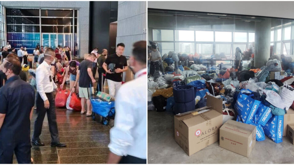 Singaporeans donating bags of basic necessities at the Turkish Embassy in Shenton Way. Photos: Kampong Kakis/Facebook, Sgfollowsall
