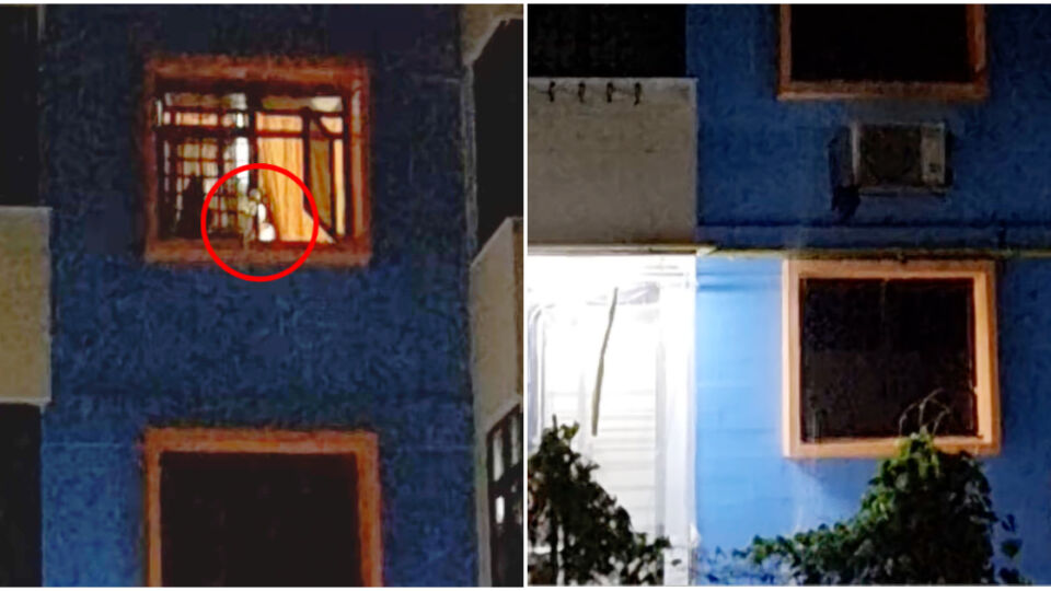 Screngrabs from a video showing a resident throwing a cup of yellowish liquid out a window in Toa Payoh. Photos: Valiant Khong/Facebook
