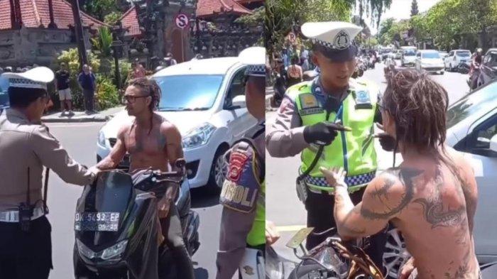 A clip of a shirtless and tattooed American man arguing with police officers after they stopped him for not wearing a helmet in Ubud on March 15, 2023 went viral, at a time when problematic foreigners in Bali are under the spotlight. Photo: Screengrab.