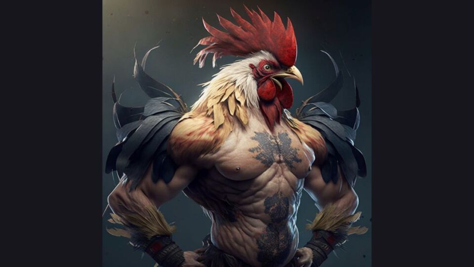 Do not mess with Bali’s roosters. Photo illustration generated by AI imaging app Midjourney