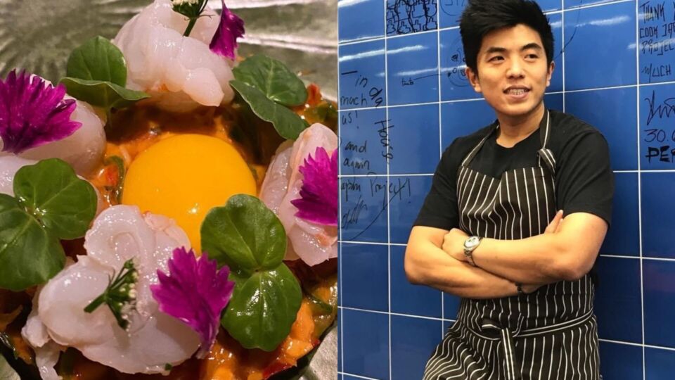 File photos of a seafood dish served at Le Du, at left, and chef and owner Thitid “Ton” Tassanakajohn, at right. Photos: Le Du