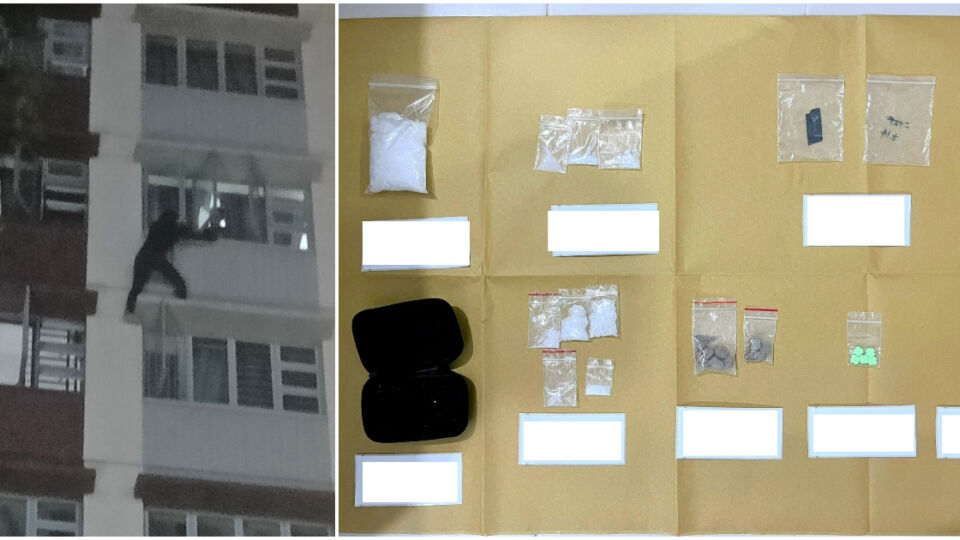 At left, a 25-year-old man trying to escape arrest and climbed out of a 9th-floor flat on Bedok North Road on Monday, and various drugs and paraphernalia seized, at right. Photos: Central Narcotics Bureau
