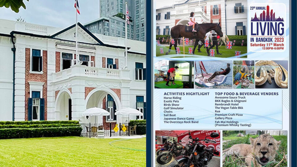 The British Club Bangkok, at left from its Facebook page. The original flier promoting its annual Living in Bangkok event, complete with exotic pets and a bird show, at right.