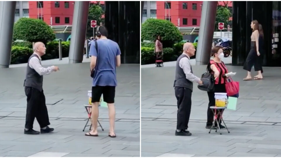 Screengrabs of the video showing a man stealing money from an elderly busker on Orchard Road. Photo: Plan B/Instagram
