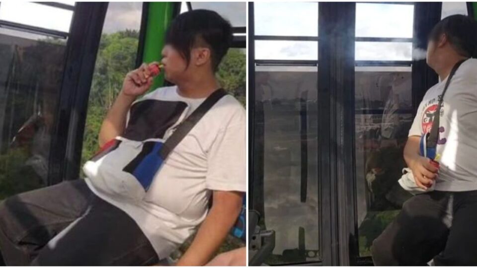 Screengrabs from the TikTok showing a teen vaping on a Sentosa cable car. Photos: Shu2899/TikTok
