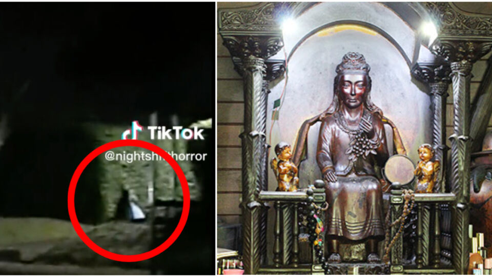 At left, the ghost of a German girl who died on Pulau Ubin allegedly caught on video, and her shrine on the island, at right. Photos: Nightshifthorror/TikTok, National Library Board
