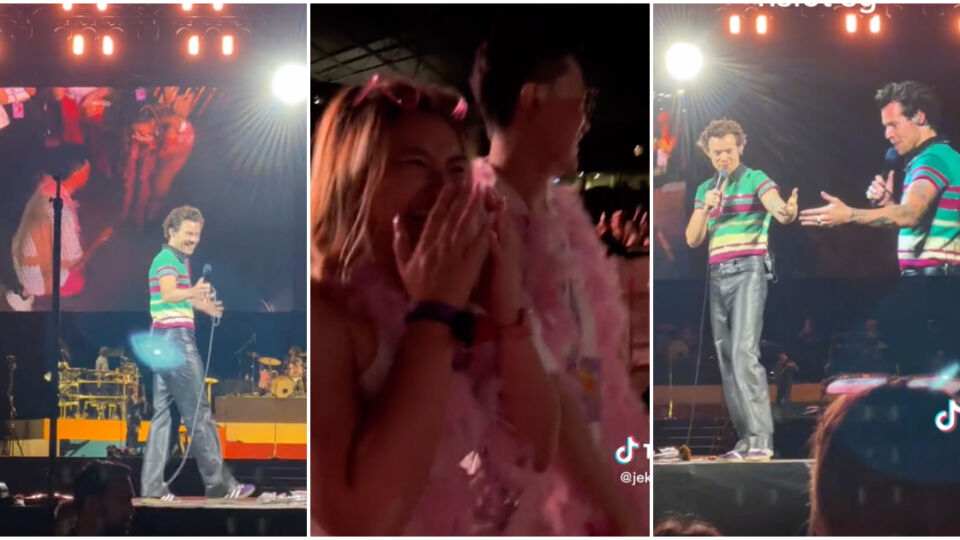 Screengrabs of the TikToks showing Harry Styles helping a man with his proposal during his concert at the National Stadium on Friday. Photos: Jayesyy/TikTok, Jekeyy.heyy/TikTok
