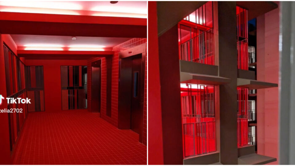 The Tampines block illuminating in red. Photos: Zelia2702/TikTok
