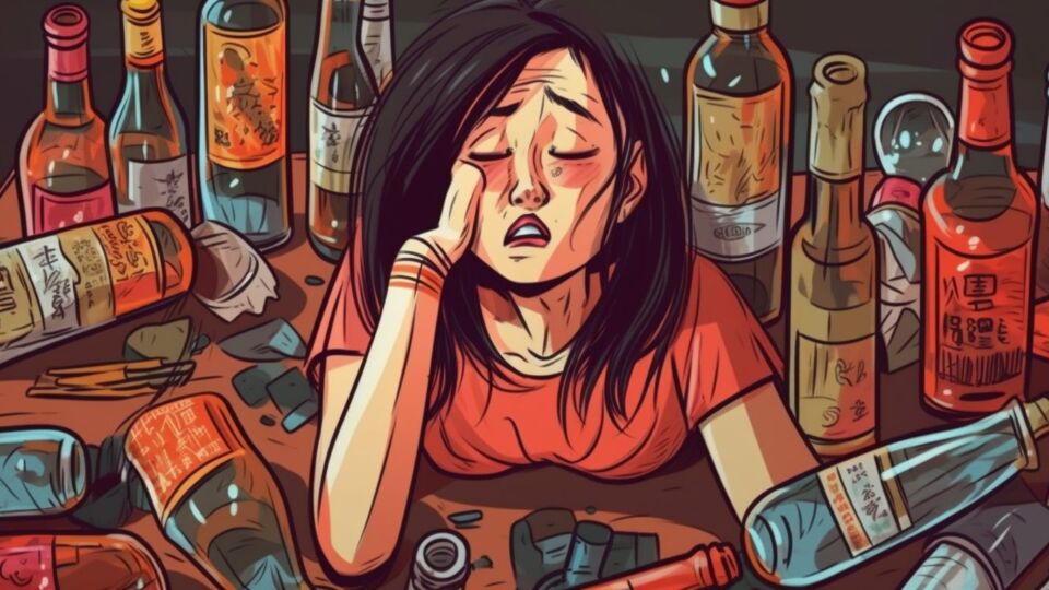 A distressed woman surrounded by liquor bottles, generated by Midjourney.
