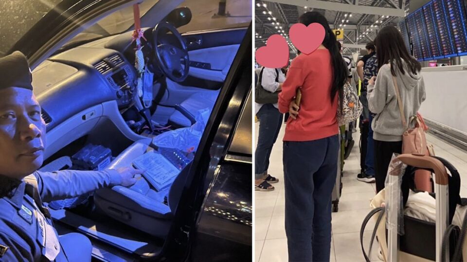 A highway cop points to a note written by a teacher who allegedly scammed students with a promised trip to Japan, at left. Students waited hours at Suvarnabhumi Airport until they realized they were not booked for the promised flight, at right. Photos: _Spirithaipai_ / Twitter, Phitsanulok Highway police