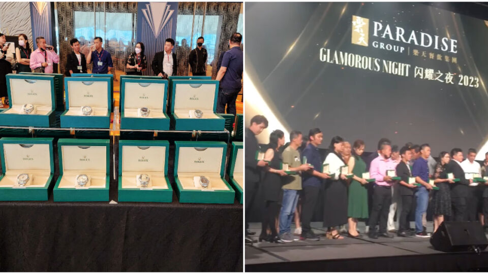 At left, a table filled with the Rolex watches, and the recipients on stage, at right. Photos: Doreen Seah/Facebook, 李嘉嘉/Facebook
