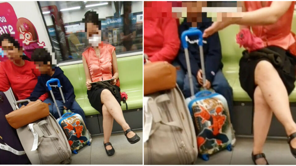 Screenshots from a video of a woman scolding a family for taking up space on the train. Photos: Yoomzster/Reddit
