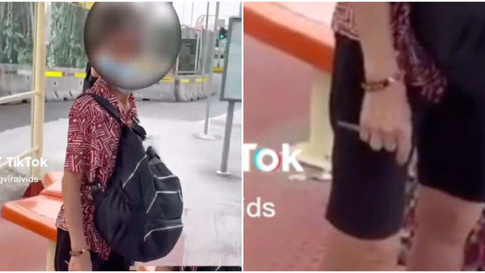 A censored screengrab of the woman who allegedly charged at two girls at an Ang Mo Kio bus stop yesterday. Photos: SG Viral Videos/TikTok
