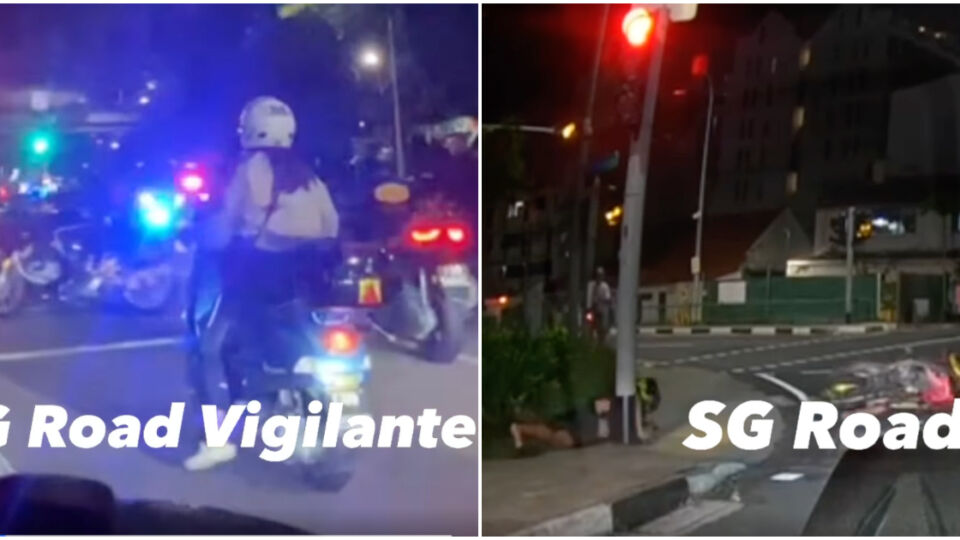 Screenshots from videos showing a motorcyclist on the run from traffic police on Wednesday night in Geylang. Photos: SG Road Vigilante/Facebook
