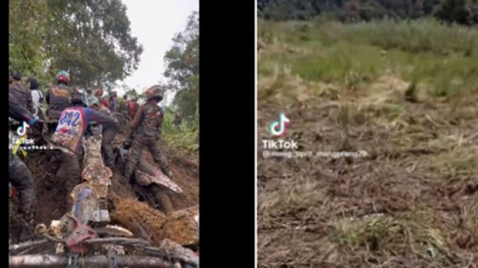 Trail motorcyclists crossing through Ranca Upas in West Java on March 5, flattening an edelweiss flower garden. Photos: Screengrabs from TikTok