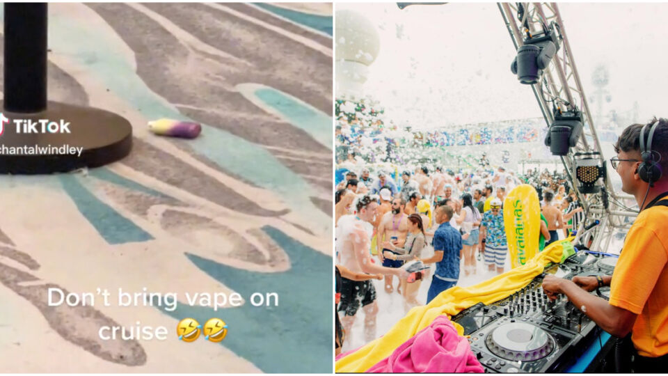 At left, a screengrab from the TikTok showing the vapes on the floor, and a scene onboard the It’s The Ship cruise, at right. Photos: Chantal Windley/TikTok, It’s The Ship/Instagram
