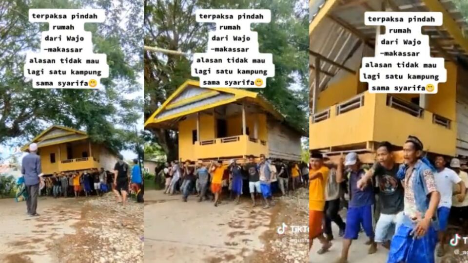 Dozens of villagers literally moving a house in Wajo, Makassar. Photo: Screengrabs from TikTok/@_agushulu_