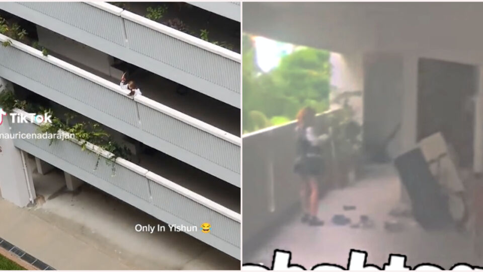 Screenshot from videos of a woman throwing shoes off an Yishun block recently. Photos: Mauricenadarajan/TikTok, Fabrications About Singapore/Facebook
