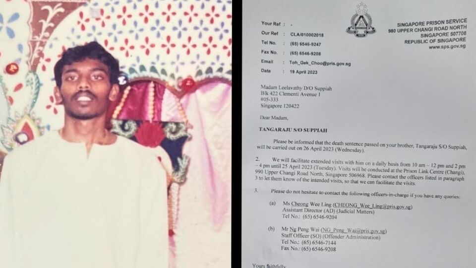 Photos shared by activists from the Transformative Justice Collective of Tangaraju Suppiah (L) and the letter his sister received notifying her of his execution on April 26, 2023 (R). Photos: @kixes / @Kokilaparvathi / Twitter